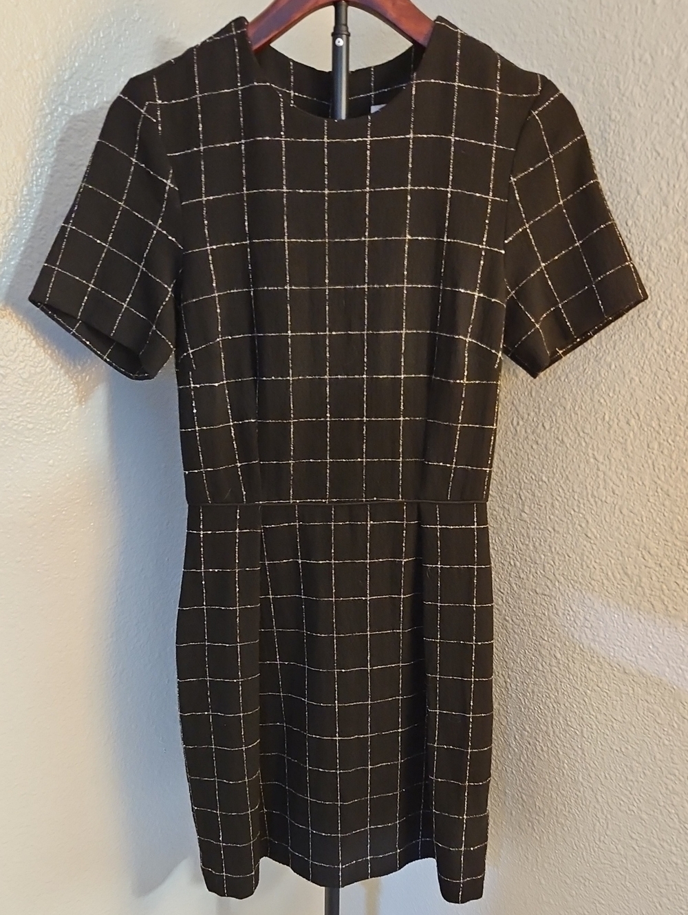 H&M Black Windowpane Grid Check Mini Dress Short Sleeve Tweed Textured EUC 4